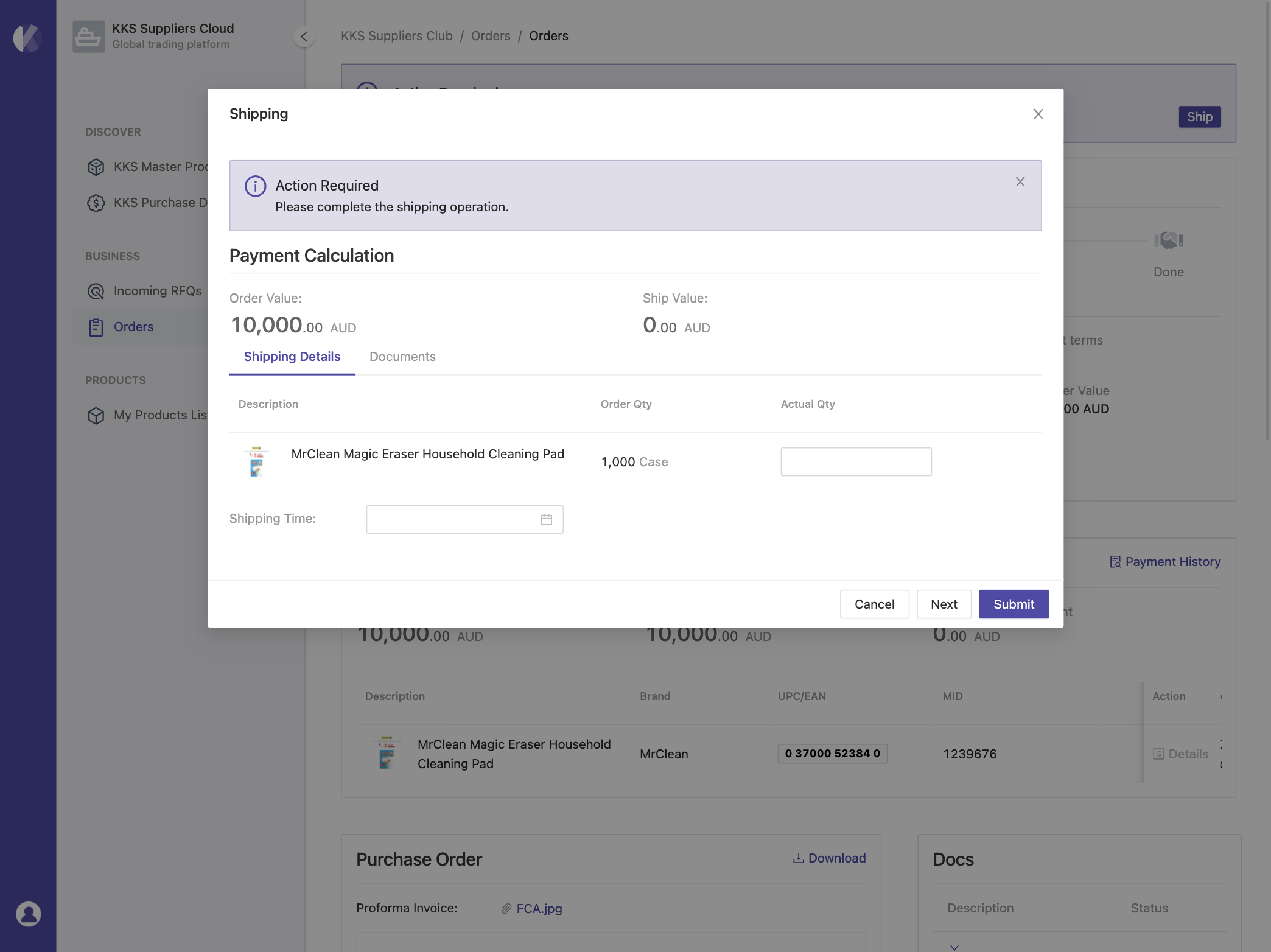 Figure 7 - Shipping dialog